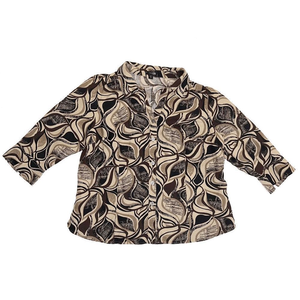 East 5th Plus Size 1X Brown Taupe Linen Blend V-Neck Button Up 3/4 Sleeve Shirt